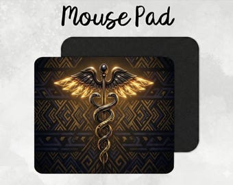 Black and Gold Caduceus Mouse Pad, Medical Professional Desk Mat