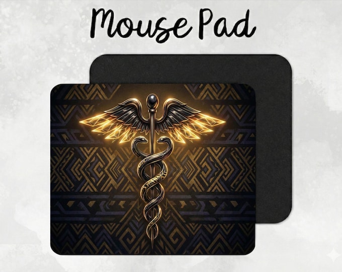 Black and Gold Caduceus Mouse Pad, Medical Professional Desk Mat