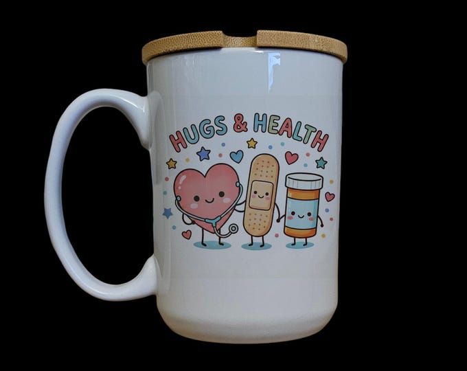 Hugs & Health Ceramic Mug with Bamboo Lid, Pediatric Nurse Gift