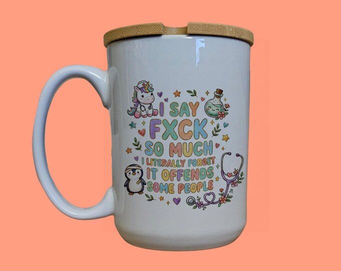 Funny Swearing Nurse Mug, Sarcastic Gift, 15oz Cup with Bamboo Lid