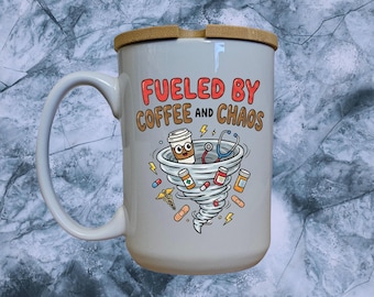 Fueled By Coffee and Chaos Mug: Funny ER Nurse Gift with Bamboo Lid