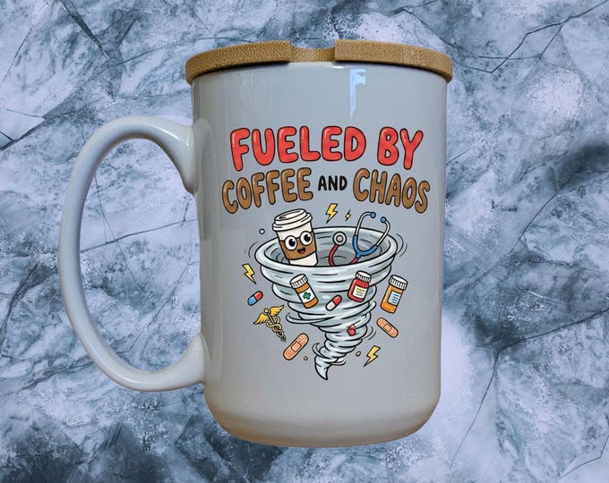 Fueled By Coffee and Chaos Mug: Funny ER Nurse Gift with Bamboo Lid
