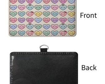 Kawaii Pastel Hearts Sublimated ID Badge Holder | Cute Smiling Heart Name Tag Sleeve | Work ID Card Case for Nurses & Teachers
