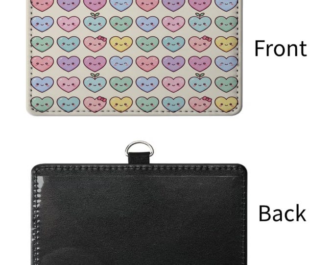 Kawaii Pastel Hearts Sublimated ID Badge Holder | Cute Smiling Heart Name Tag Sleeve | Work ID Card Case for Nurses & Teachers