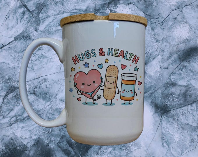 Hugs & Health Ceramic Mug with Bamboo Lid, Pediatric Nurse Gift