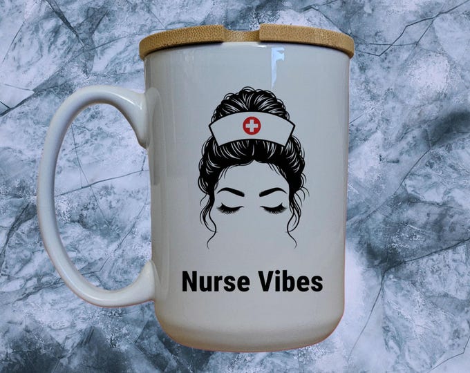 Nurse Vibes Mug, 15oz Ceramic Mug with Bamboo Lid