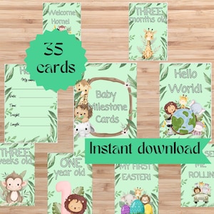 Cartes jalons Safari Baby, imprimables, accessoire photo mensuel, cadeau unique pour une nouvelle maman, cadeau souvenir baby shower, non sexiste, PDF