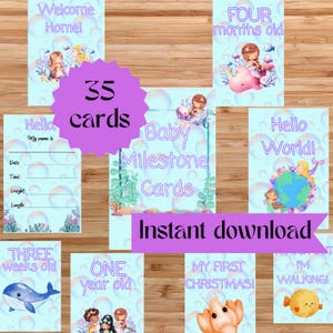 Cartes jalons bébé Under the Sea, Numérique, Bulles, Sirènes, Créatures marines, Imprimez vos propres cartes, blues, Téléchargement immédiat, petite fille, PDF