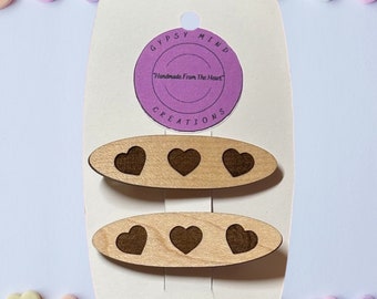 Three Heart Laser Cut Lightweight Wood Hair Barrettes