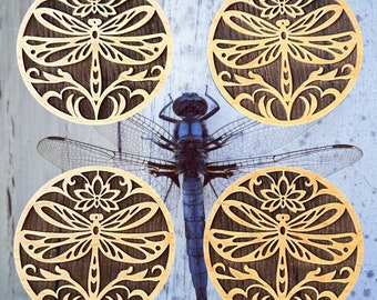 Dragonfly Laser Cut Lightweight Wood Coasters (Set of 4)