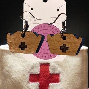 Laser Cut Nurse Hat Dangle Earrings Handmade Wooden Jewelry