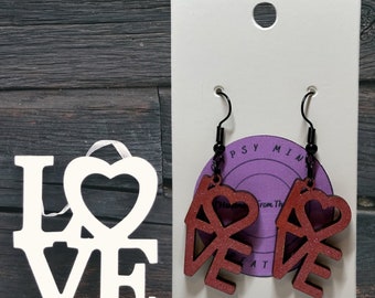 Love Word Laser Cut Lightweight Painted Wood Earrings