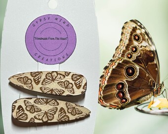 Butterfly Engraved Laser Cut Lightweight Wood Hair Barrettes