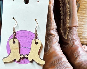 Cowboy Boot Laser Cut Lightweight Wood Earrings