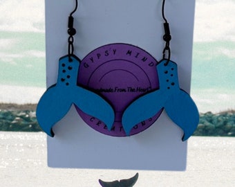 Blue Bubble Fin Mermaid Tail Laser Cut Lightweight Painted Wood Earrings