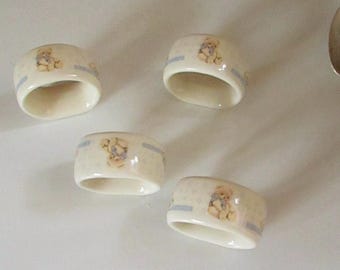 Theodore Bear Napkin Ring– Set of 4 Ceramic Rings– Teddy Bear with Blue & White Polka Dot Bow, Dotted Flowers – Vintage Tienshan Table Décor