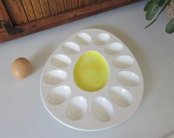 Easter Deviled Egg Serving Dish – Yellow Egg Center Egg – Shaped Serving Tray with 12 Egg Wells – Vintage Porcelain Deviled Egg Plate