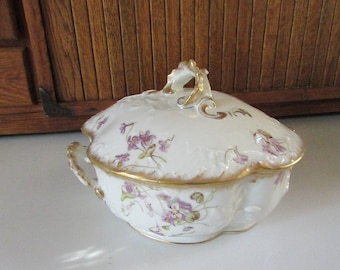 Limoges Purple Violet Flowers Embossed Porcelain Covered Serving Dish by Lewis Strauss & Sons – Antique Limoges Porcelain Hostess Piece