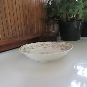Pink Roses & Blue Forget-Me-Not Flower Garland Porcelain Bowl - Scalloped Rim with Gold Highlights - Antique Theodore Haviland Limoges