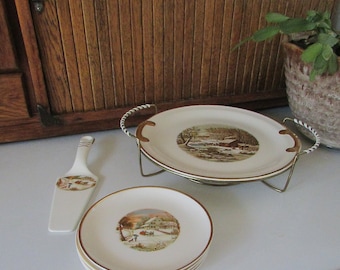 Vintage Currier & Ives Dessert /Cake Serving Set - Wire Cake Plate Stand, Plates, and Server - 7 Pieces by Royal China - C and I Hostess Set