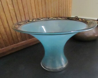 Midcentury Turquoise Blue & Black Vase – Wide Rimmed Flared Blue Frosted Glass Vase with Black and Gold Band – Vintage Home Décor