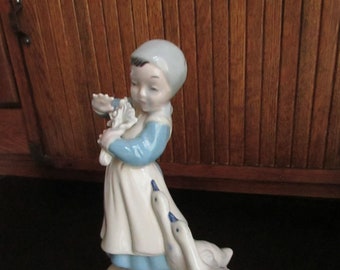 Dutch Girl with Geese Figurine - Large 9 inch Blue & White Ceramic Vintage Figurine - Holland Mold