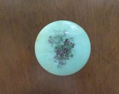 Green Alabaster Dresser Jar with Purple Violets Covered Round Green Powder Box- Trinket Box with Hinged Top Made in Italy Vintage Vanity