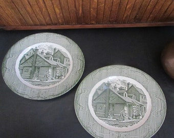 Old Curiosity Shop Dinner Plates – Green & White Pictorial China by Royal China Co - Set of 2 – Vintage Discontinued Dinnerware Pattern