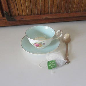 Victoria Tea Cup and Saucer by Cartright and Edwards - Blue Cup with Flower Bouquets - Vintage C & E Bone China Tea Cup