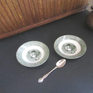 Old Curiosity Shop Berry Bowls – Green & White Pictorial China by Royal China Co - Set of 4 – Vintage Discontinued Dinnerware Pattern