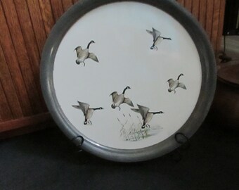 Geese Tray – Tile Geese in Flight Over Marsh Pewter Framed Tray – Vintage Round Serving Tray by Revere Pewter