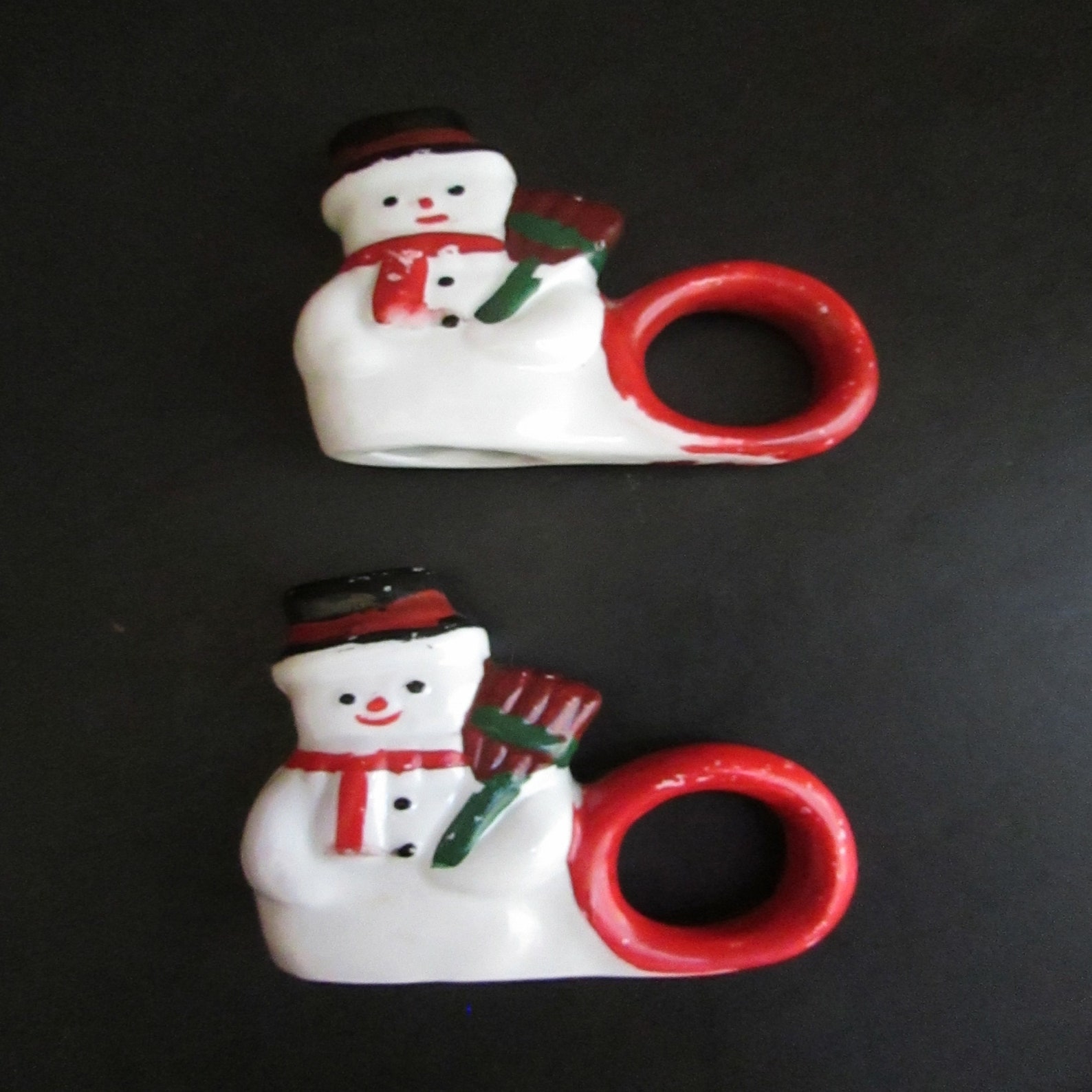 Snowman Napkin Rings Set of 2 Ceramic Snowmen with Red Scarf Etsy