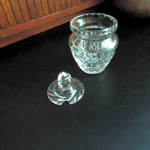 Cut Glass Covered Jelly Condiment Jar – Floral, Geometric, & Star Pattern – Clear Vintage Glass Hostess Piece