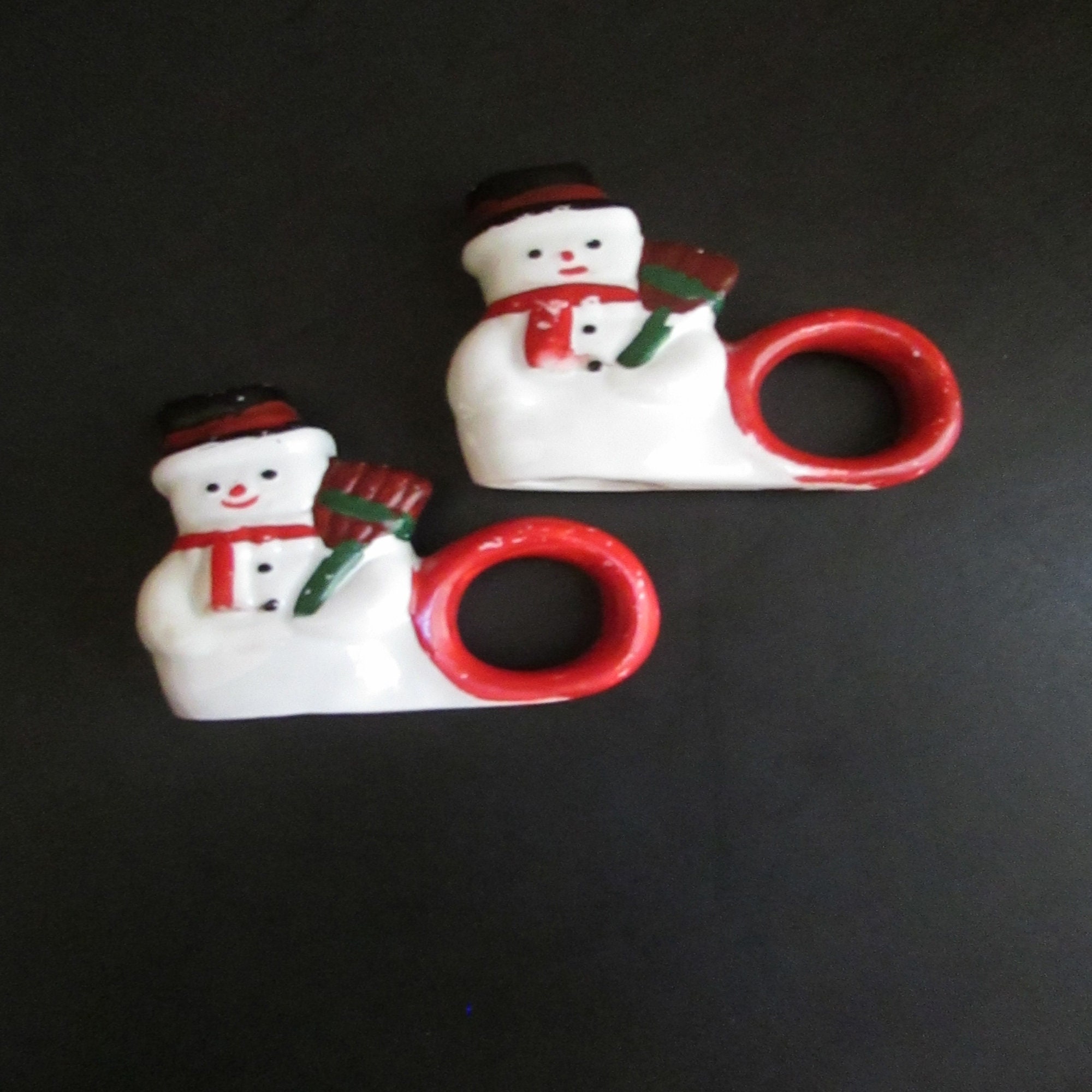 Snowman Napkin Rings Set of 2 Ceramic Snowmen with Red Scarf Etsy