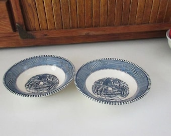 Currier and Ives Berry Bowls – Old Farm Gate - Blue & White Dishes - Vintage Dinnerware Set by Royal China Co - Set of 2 Dessert Berry Bowls