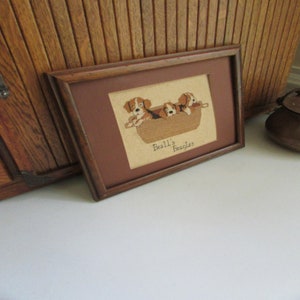 Beagle Puppies in Basket Scene –Framed Counted Cross Stitch Beagle Picture – Vintage Handstitched Needlework Home Décor – 11.5” x10.5”
