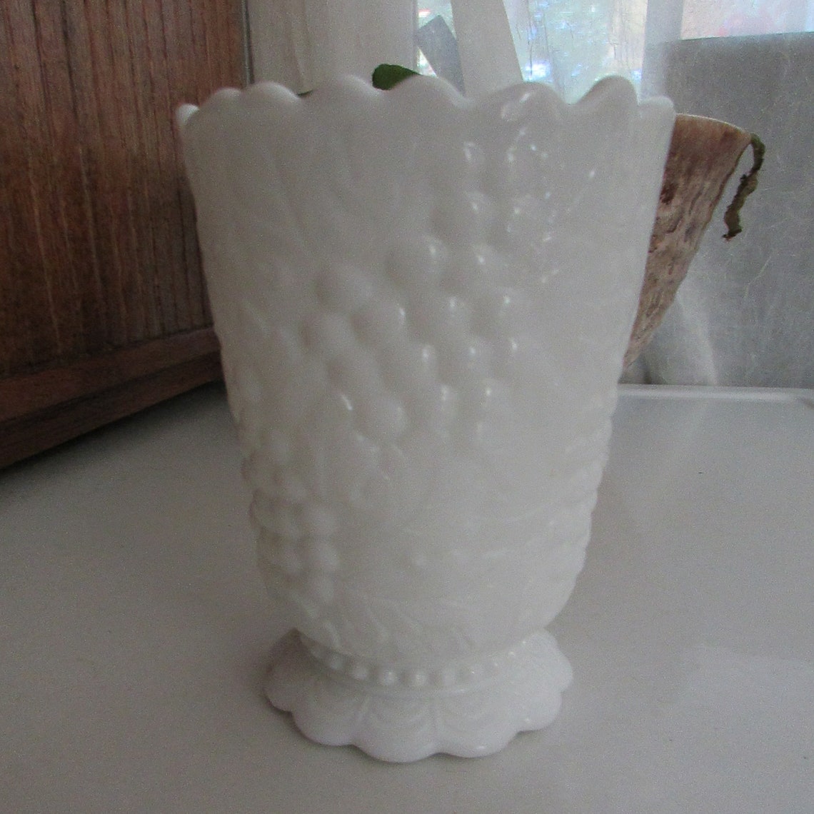 White Milk Glass Grape Vase Grape Doeskin Pressed Glass Vase Etsy