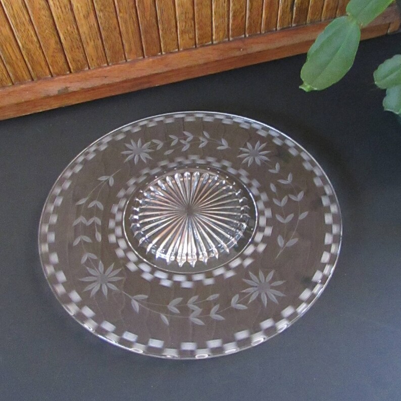 Flower Etched Glass Serving Plate Clear Glass Raised Etsy