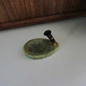Green Alabaster Pen Holder with Clip Well – Movable Pen Holder - Heavy Stone Holder & Paperweight –Vintage Writing Desk/ Secretary Accessory