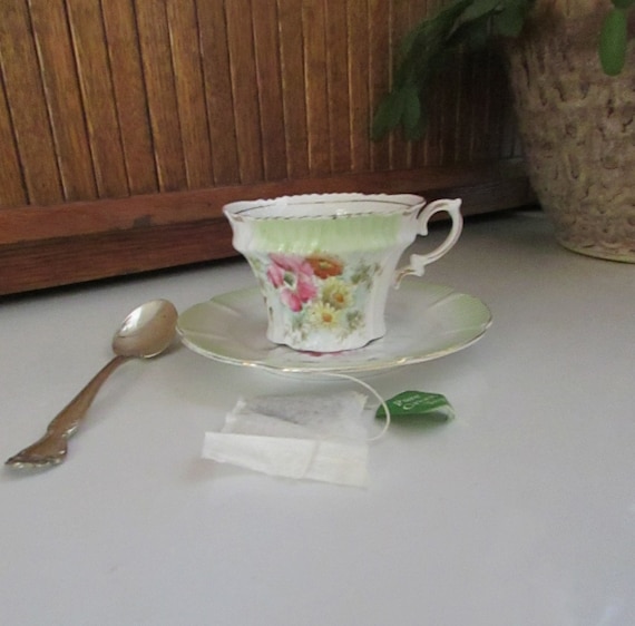 Antique Green Floral Tea Cup with Sawtooth Rim and Scalloped Etsy