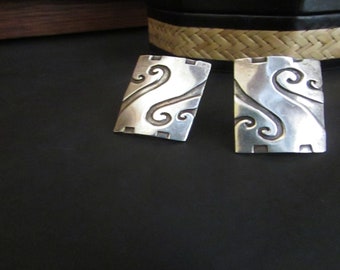 Geometric Swirls Sterling Silver Earrings - Large Rectangle Non Pierced Screw Back Earrings -Made in Mexico - Vintage Mexican Silver Jewelry