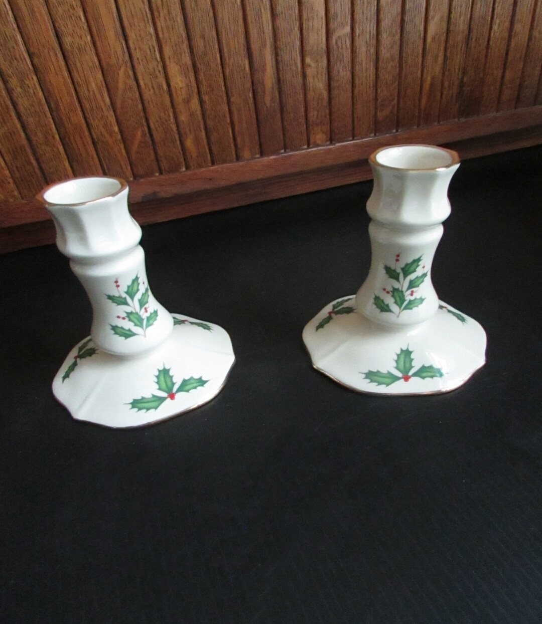 Lenox Holiday Candlesticks Porcelain Pair of 4 Holly Candle Holders for