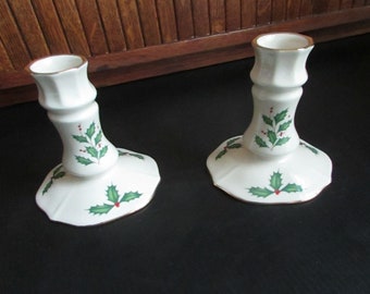 Lenox Holiday Candlesticks – Porcelain Pair of 4” Holly Candle Holders for Taper Candles – Boxed Set, Never Used -Vintage Christmas Décor