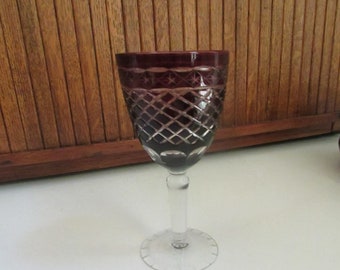 Dark Cranberry Wine Glass on Clear Stem - X, Star & Thumbprint Cut Glass Design – 8 Ounce Stemmed Wine Glass - Vintage Cranberry Stemware
