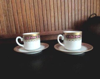 Pink Roses with Gold Encrusted Edge Floral Demitasse Cup & Saucer – Set of 2 –Vintage Tirschenreuth Bavaria Germany Porcelain Dinnerware