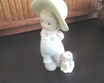 Country Boy & His Dog Bearing Gift Porcelain Figurine – Boy in Blue Overalls with Present Behind Back – Vintage Homco Figurine