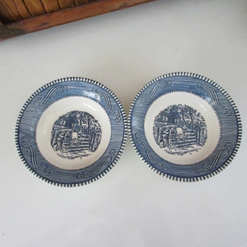 Set of 2 Dessert Berry Bowls Vintage Dinnerware Set by Royal China Co Blue /& White Dishes Currier and Ives Berry Bowls \u2013 Old Farm Gate