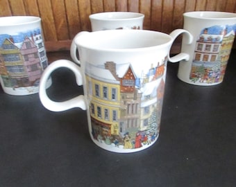 Christmastime Mugs– Carolers, Town Tree, Omnibus Arrival –Set of 4 Christmas Mugs by Dunoon –Vintage Christmas Entertaining, Holiday Hostess