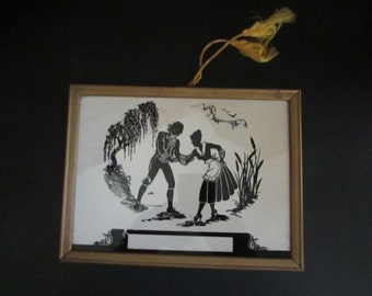 Couple At River’s Edge Framed Victorian Silhouette – Gentleman Helps & Lady Cross the River – Black Silhouette – Vintage Home Décor