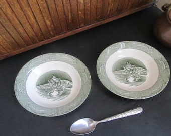 Old Curiosity Shop Soup Bowls –Oil Lamp and Glasses Green & White China by Royal China Co- Set of 2– Vintage Discontinued Dinnerware Pattern